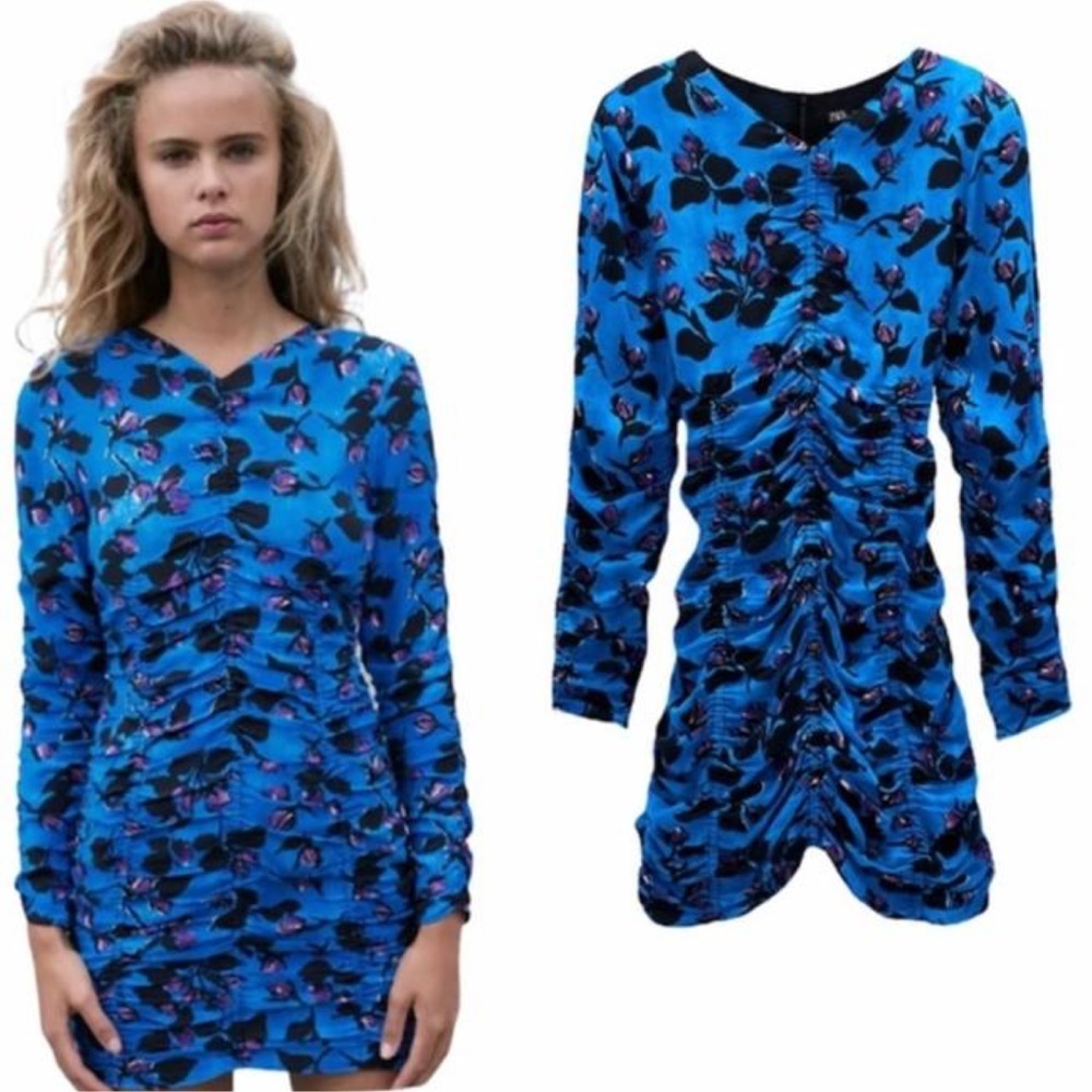 Zara Draped Blue Floral Ruched mini dress - Picture 9 of 9